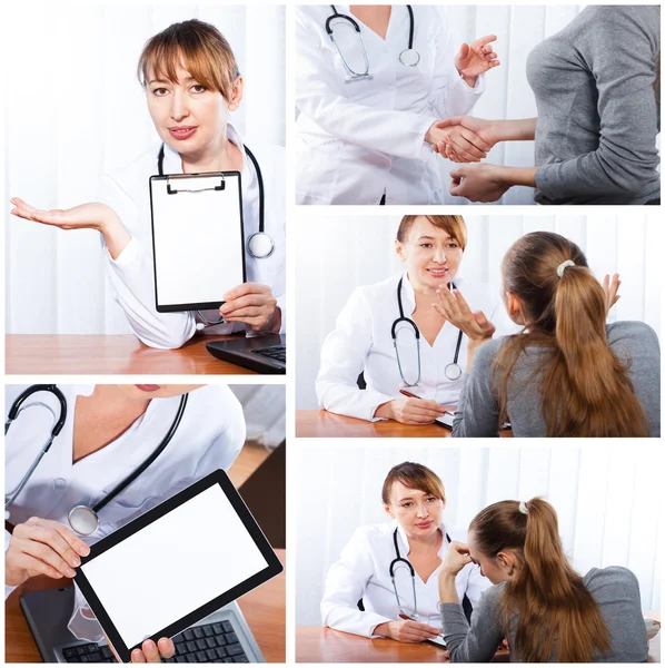 Conjunto de fotos Doctor con paciente femenino — Foto de Stock