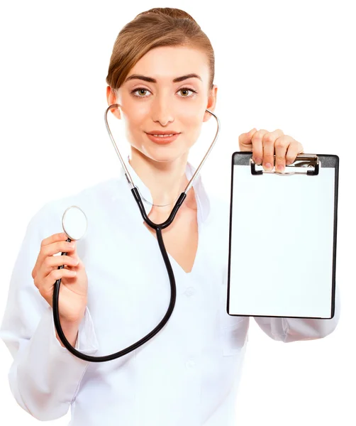 Sonriente médico mujer con estetoscopio. — Foto de Stock