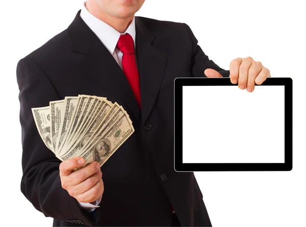 Empresário dando dólares em dinheiro nas mãos — Fotografia de Stock
