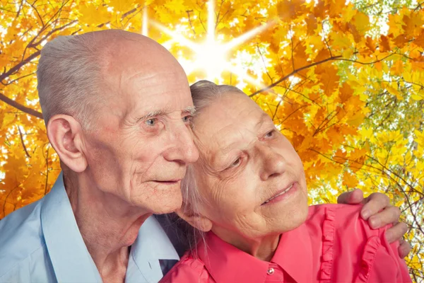 Portrait of smiling elderly couple on autumn landscape — Stock Photo, Image