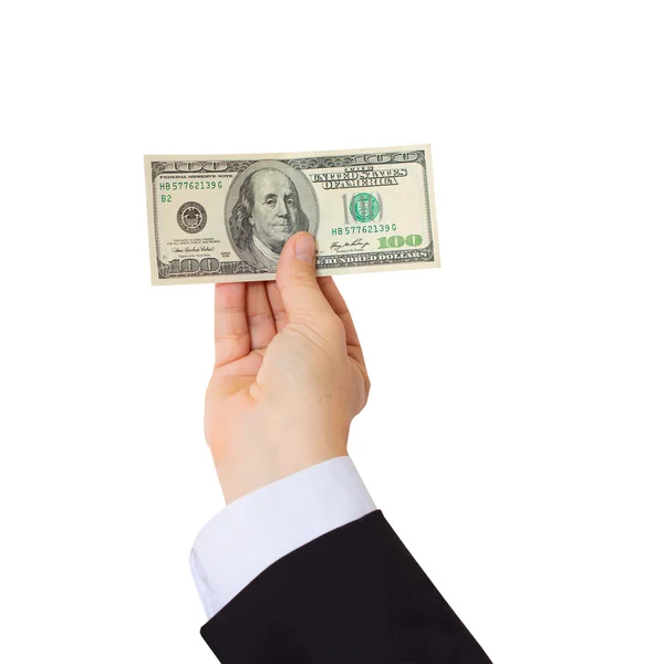 Uomo d'affari che dà soldi dollari in contanti in mano — Foto Stock