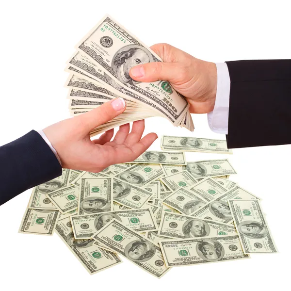 Businessman giving money cash dollars in the hands — Stock Photo, Image