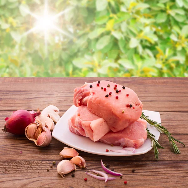 Food. Meat barbecue with vegetables on wooden surface. — Stock Photo, Image