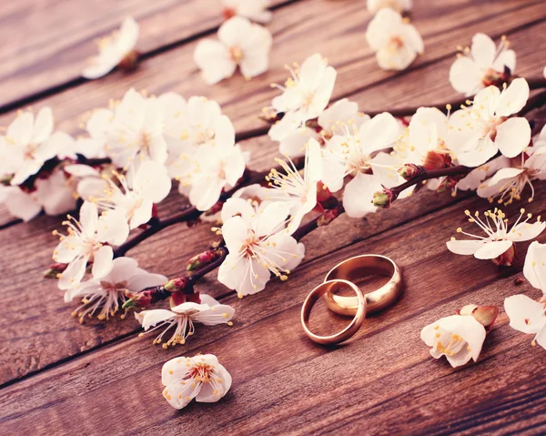 Anelli nuziali. Fiori di ramo fioriti su superficie di legno . — Foto Stock