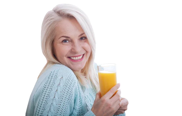 Woman Drinking Orange Juice Smiling Beautiful Middle Aged Caucasian Model — Stock Photo, Image