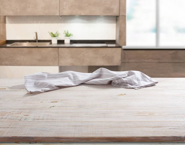 Serviette Tischdecke Auf Holzdeck Vorderansicht Attrappe Hintergrund Der Küche — Stockfoto