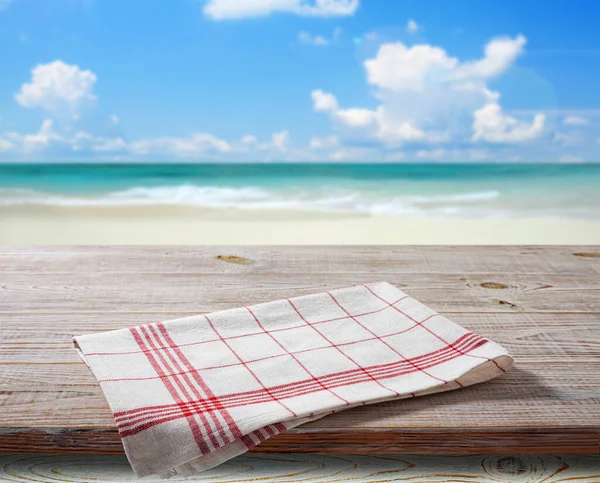 Napkin Table Cloth Wooden Deck Front View Mockup — Stock Photo, Image