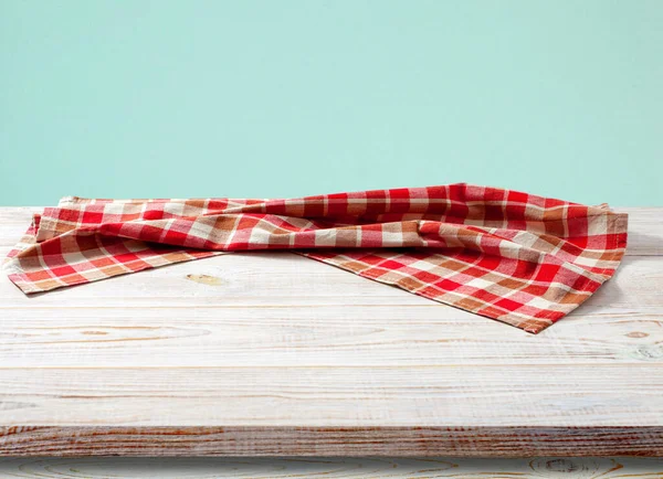 Blank Red Checkered Tablecloth Wooden Table Perspective Selective Focus — Stock Photo, Image