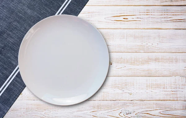 Empty White Plate Napkin Light Grey Table Flat Lay Top — Stock fotografie