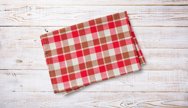 Folded Towel Napkin Linen Tablecloth Wooden Desk Top View Mock — Stock Photo, Image
