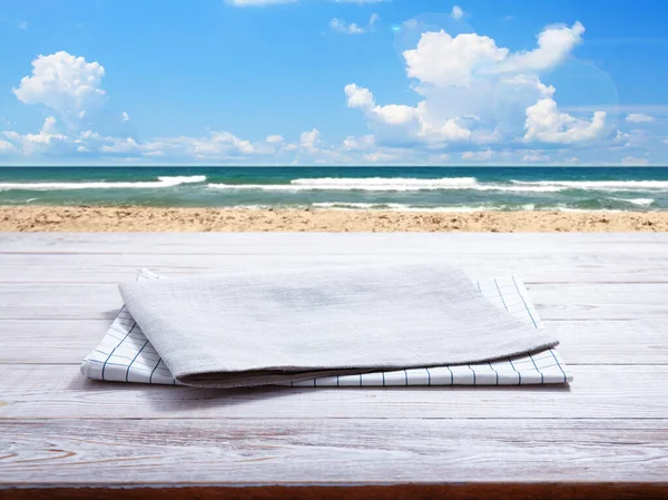 Napkin Table Cloth Wooden Deck Top View Mockup — Stock Photo, Image