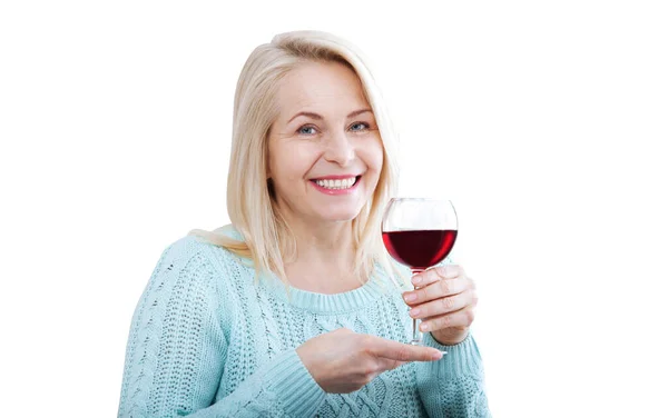 Beautiful Middle Aged Woman Holds Glass Red Wine Looks Relaxed — Stock Photo, Image