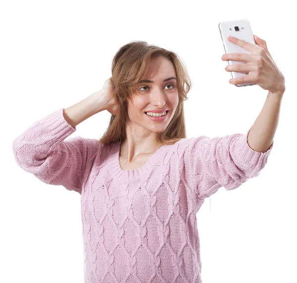 Vrouw Met Behulp Van App Smartphone Witte Achtergrond — Stockfoto