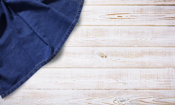 Blue Tablecloth Napkin Rough Fabric Texture Creased Folds Wooden Desk — ストック写真