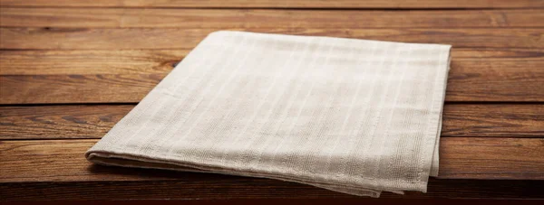 Empty White Tablecloth Wooden Desk Perspective Selective Focus — Stock Photo, Image