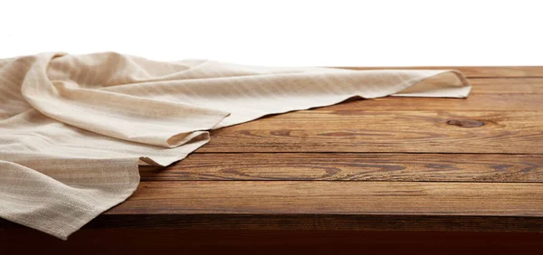 Empty White Tablecloth Wooden Desk Perspective Selective Focus — Stock Photo, Image