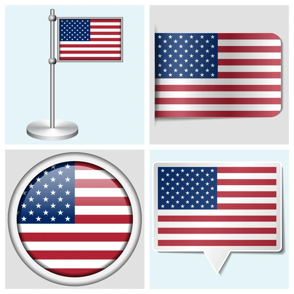 Usa flag - Set aus Aufkleber, Knopf, Etikett und Flaggenstab — Stockvektor