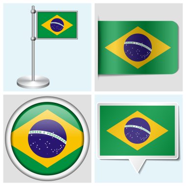 Brezilya bayrağı - etiket, düğme, etiket ve flagstaff ayarla