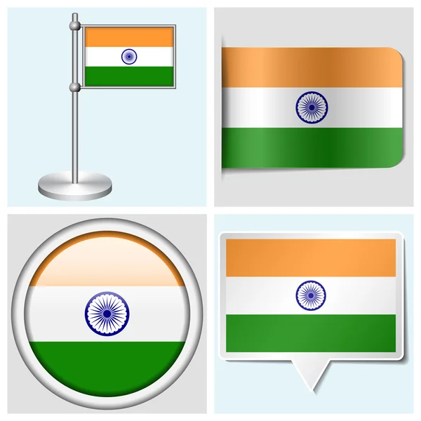 Bandera de la India - conjunto de pegatina, botón, etiqueta y asta de bandera — Vector de stock