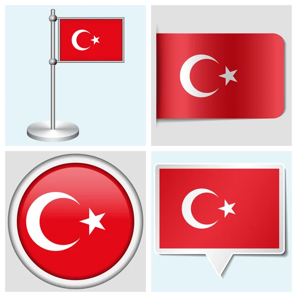 Turkey flag - set of sticker, button, label and flagstaff — Stock Vector