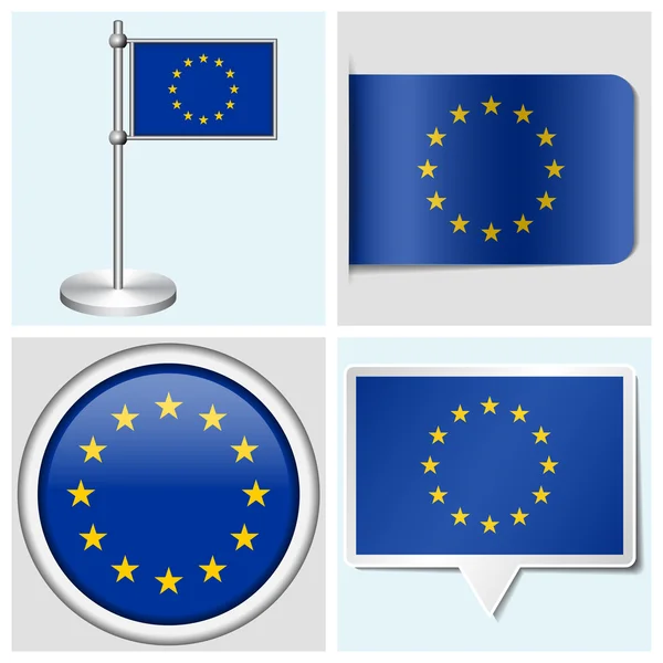 Europese Unie flag - set van sticker, button, label en flagstaff — Stockvector