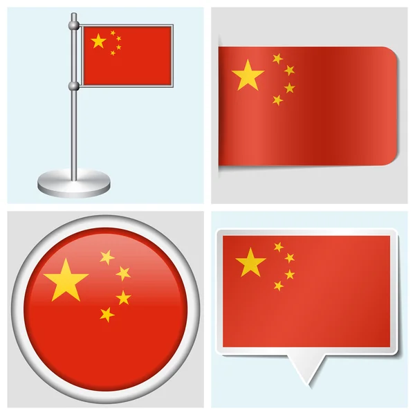 Bandera de China - conjunto de pegatina, botón, etiqueta y asta de bandera — Archivo Imágenes Vectoriales