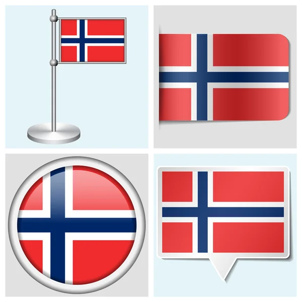 Bandera de Noruega - conjunto de pegatina, botón, etiqueta y asta de bandera — Archivo Imágenes Vectoriales