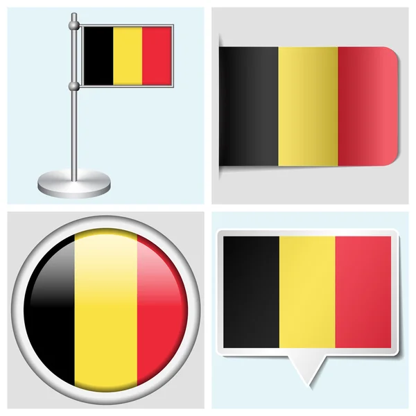 Belgische Flagge - Set aus Aufkleber, Knopf, Etikett und Flaggenstab — Stockvektor