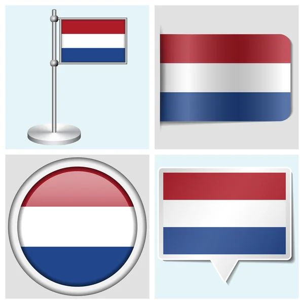 Bandeira da Holanda - conjunto de adesivo, botão, rótulo e flagstaff — Vetor de Stock