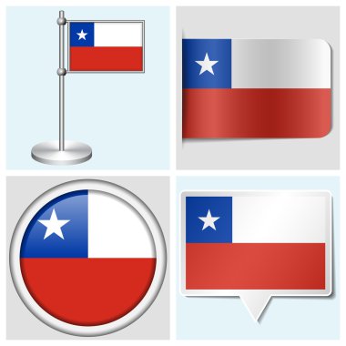 Şili bayrağı - çeşitli etiket, düğme, etiket ve flagstaff kümesi