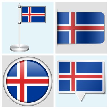 İzlanda bayrağı - çeşitli etiket, düğme, etiket ve flagstaff kümesi