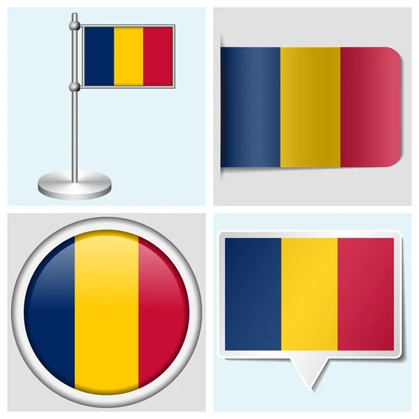 Bandera de Chad - conjunto de varias pegatinas, botones, etiquetas y asta de bandera — Archivo Imágenes Vectoriales
