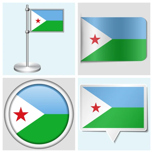 Djibouti flag - set of various sticker, button, label and flagstaff — Stock Vector