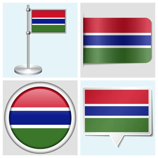 Gambia flag - set of various sticker, button, label and flagstaff — Stock Vector
