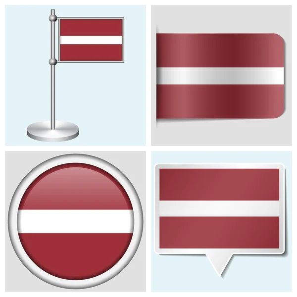 Lettland Flagge - Set mit verschiedenen Aufklebern, Knopf, Etikett und Flaggenstab — Stockvektor