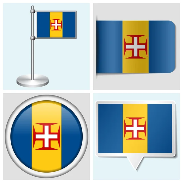 Madeira flag - set of various sticker, button, label and flagstaff — Stock Vector