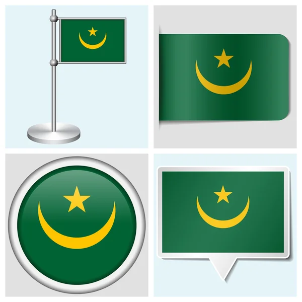 Moritanya bayrak - çeşitli etiket, düğme, etiket ve flagstaff kümesi
