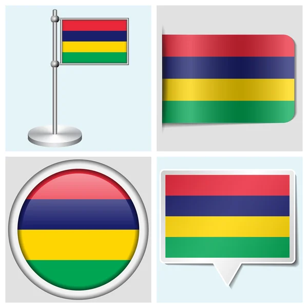 Mauritius flag - set of various sticker, button, label and flagstaff — Stock Vector