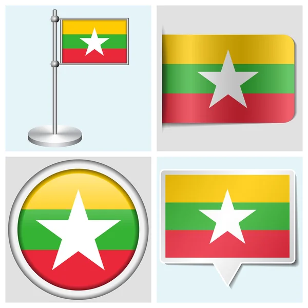 Vlag van Myanmar - instellen van verschillende sticker, button, label en flagstaff — Stockvector