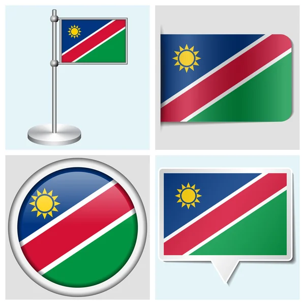 Namibia flag - set of various sticker, button, label and flagstaff — Stock Vector