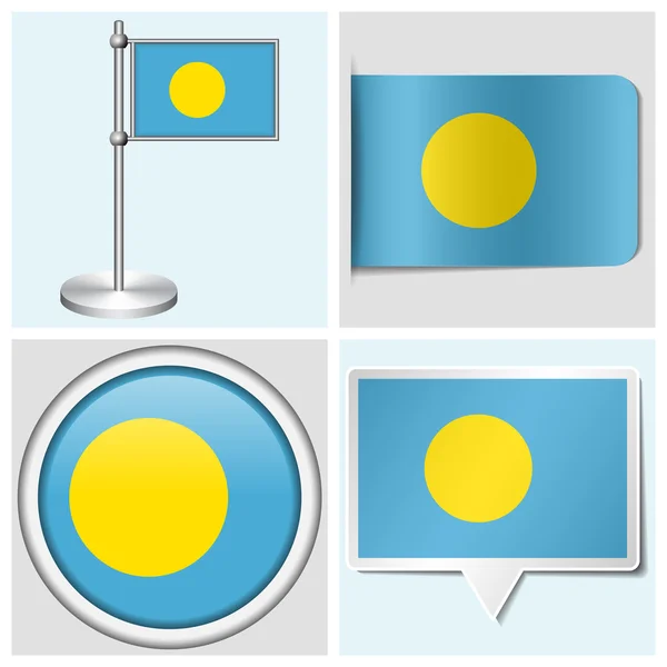 Palau flag - set of various sticker, button, label and flagstaff — Stock Vector