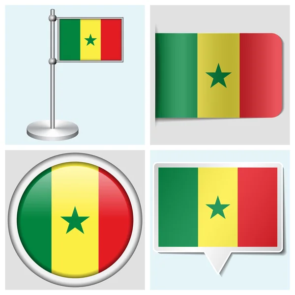 Bandera de Senegal - conjunto de varias pegatinas, botones, etiquetas y asta de bandera — Archivo Imágenes Vectoriales