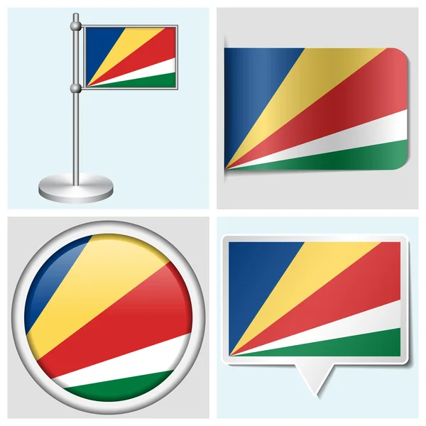 Seychelles flag - set of various sticker, button, label and flagstaff — Stock Vector