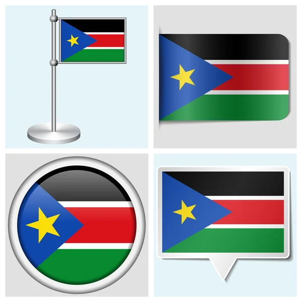 South Sudan flag - set of various sticker, button, label and flagstaff — Stock Vector