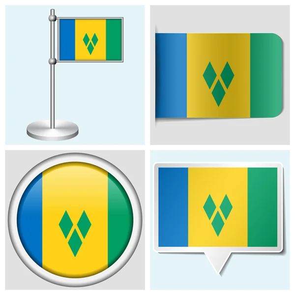 Saint Vincent and the Grenadines flag - set of various sticker, button, label and flagstaff — Stock Vector