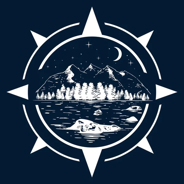 Geceleri dağ ve göl manzarası sembollerinin vektör çizimi