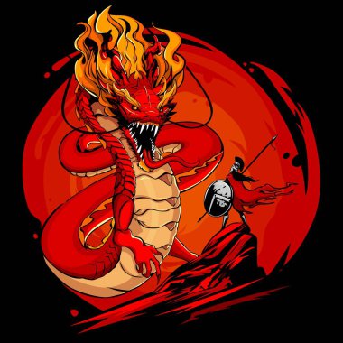 Vector illustration of spartan warrior confronting dragon