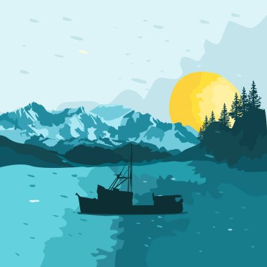 Vector illustration of mountain and river scenery with fishing boat