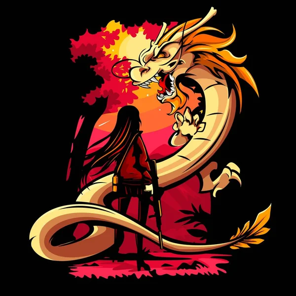 Vector illustration of armed woman facing a dragon