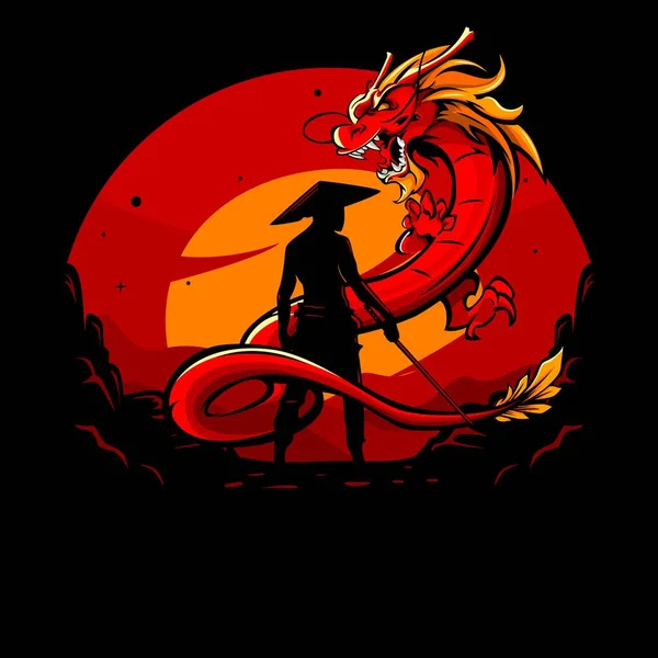 Vector Illustration Swordsman Facing Dragon — Stok Vektör